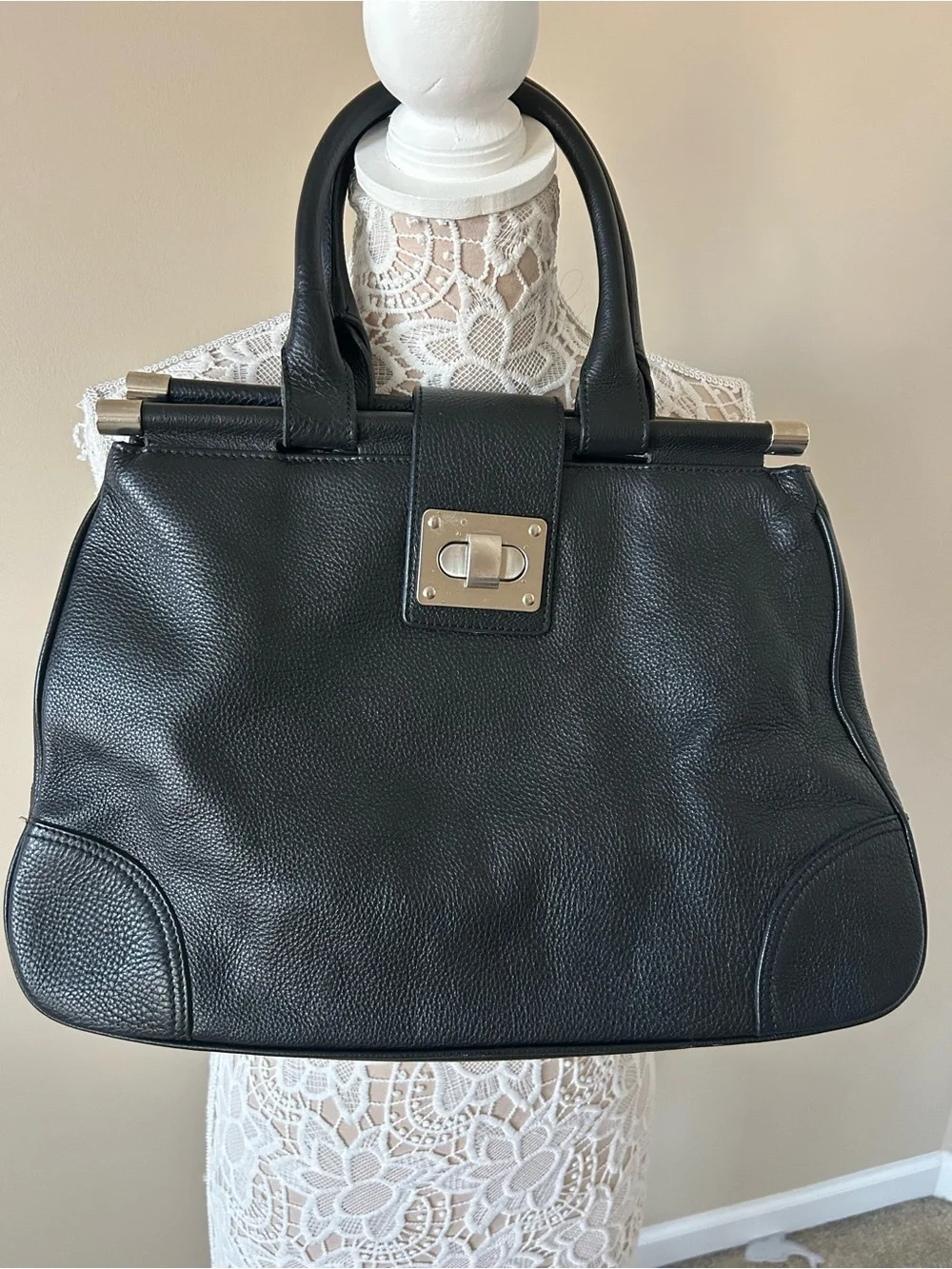 Structured Black Leather Satchel with Polished Hardware